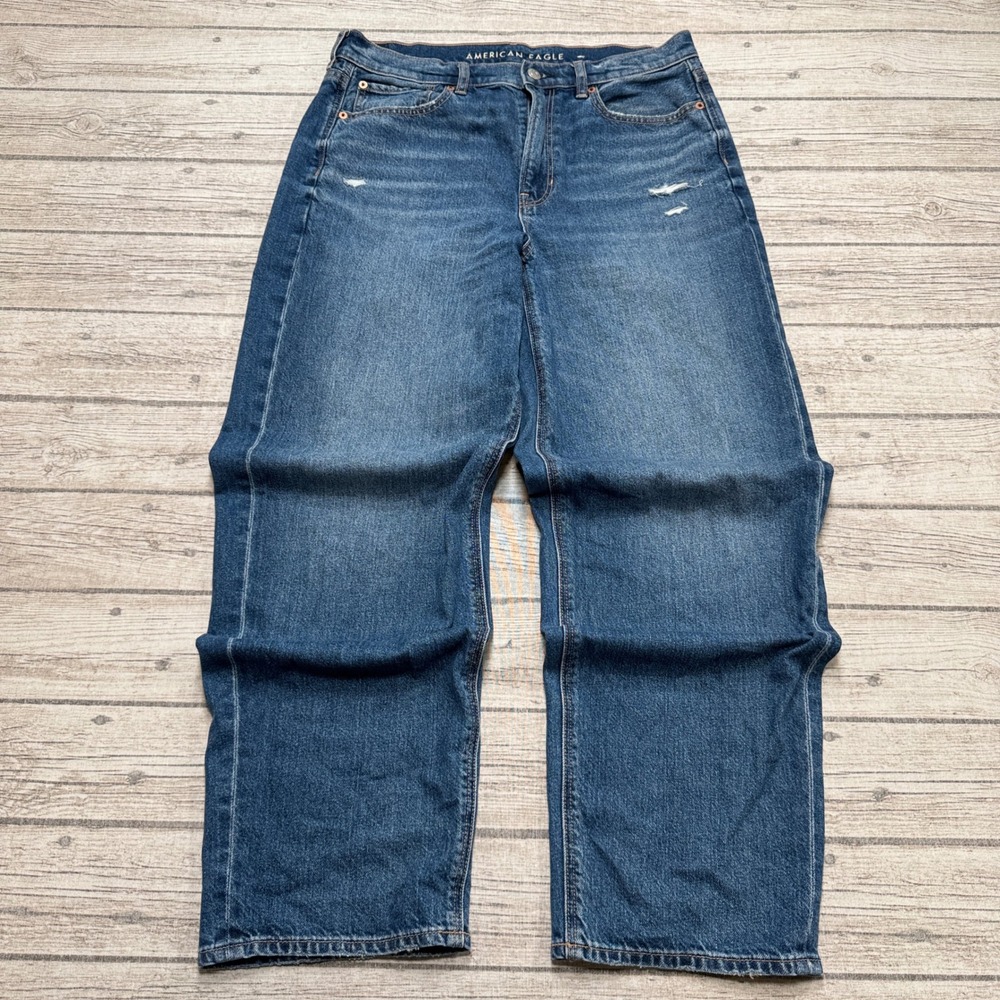 American Eagle Jeans Women's 10 Blue Denim Strigid Wide Leg Baggy Fit Distressed